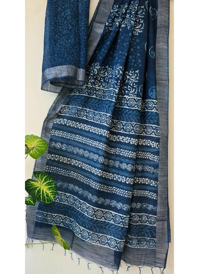 Cotton  Blue Daily Wear Printed Saree